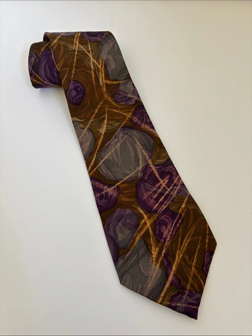 Vintage Galimberti Made In Italy Silk Neck Tie Brown Purple Abstract